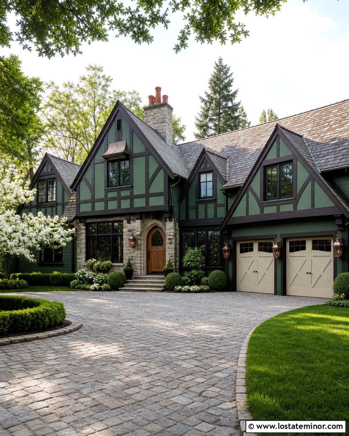 Forest Green Tudor With Cobblestone Driveway - 30 Forest Green House Design With Driveway Ideas