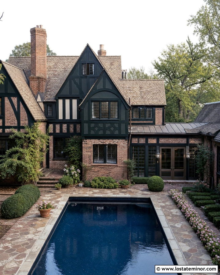 Forest Green Tudor With Courtyard Pool - 30 Forest Green House Design With Swimming Pool Ideas