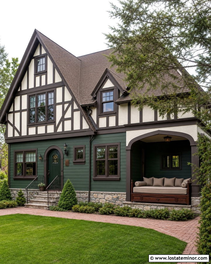 Forest Green Tudor With Covered Patio Daybed - 30 Forest Green House Design With Daybed Ideas