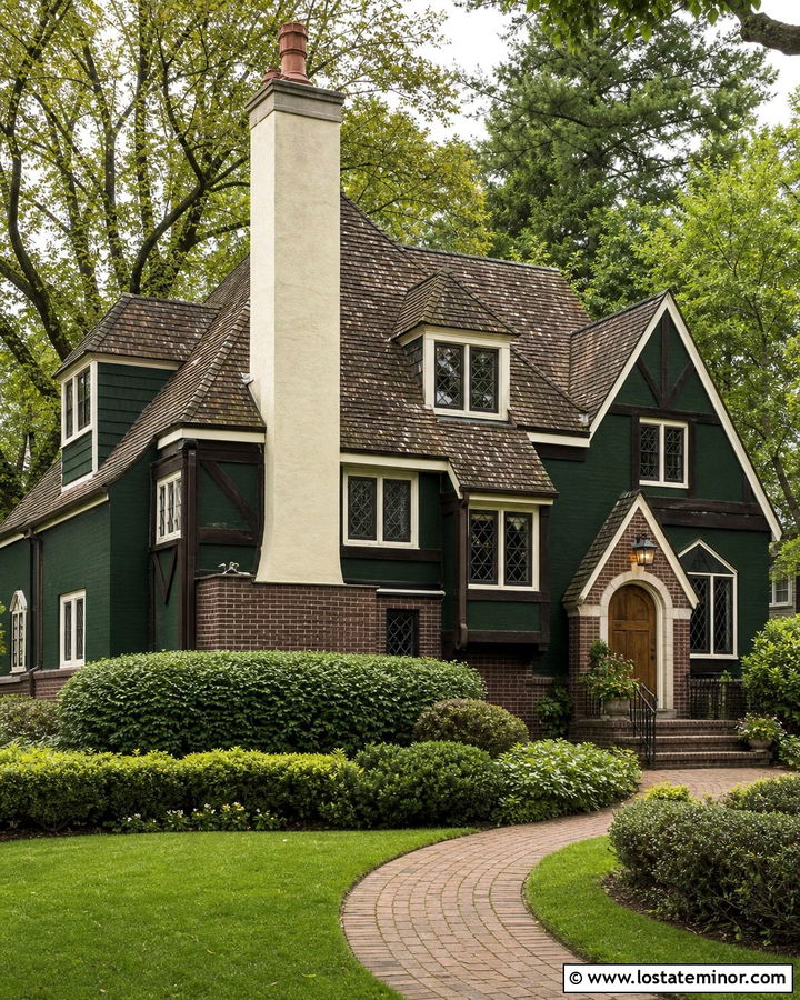 Forest Green Tudor With Cream Stucco Chimney - 30 Forest Green House Design With Chimney Ideas