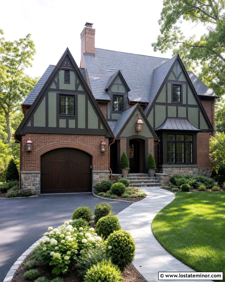 Forest Green Tudor With Dark Wood Garage Door - 30 Forest Green House Design With Garage Door Ideas