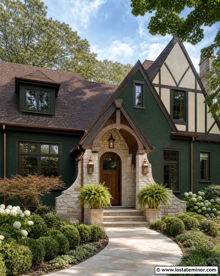 Forest Green Tudor With Stained Oak Porch Ceiling - 30 Forest Green House Design With Porch Ceiling Ideas