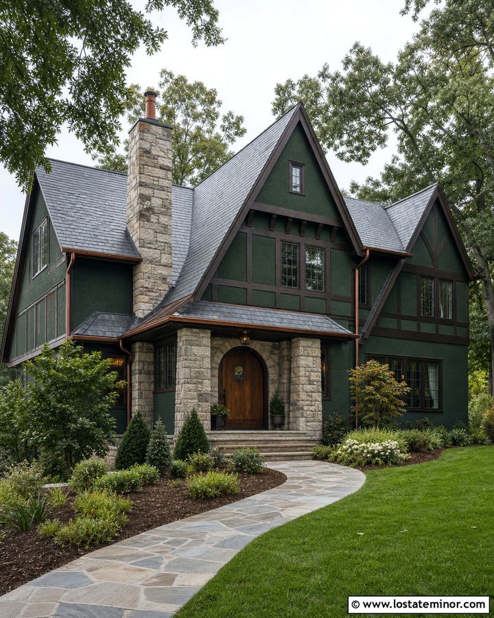 Forest Green Tudor With Stone Porch Columns - 30 Forest Green House Design With Porch Columns Ideas