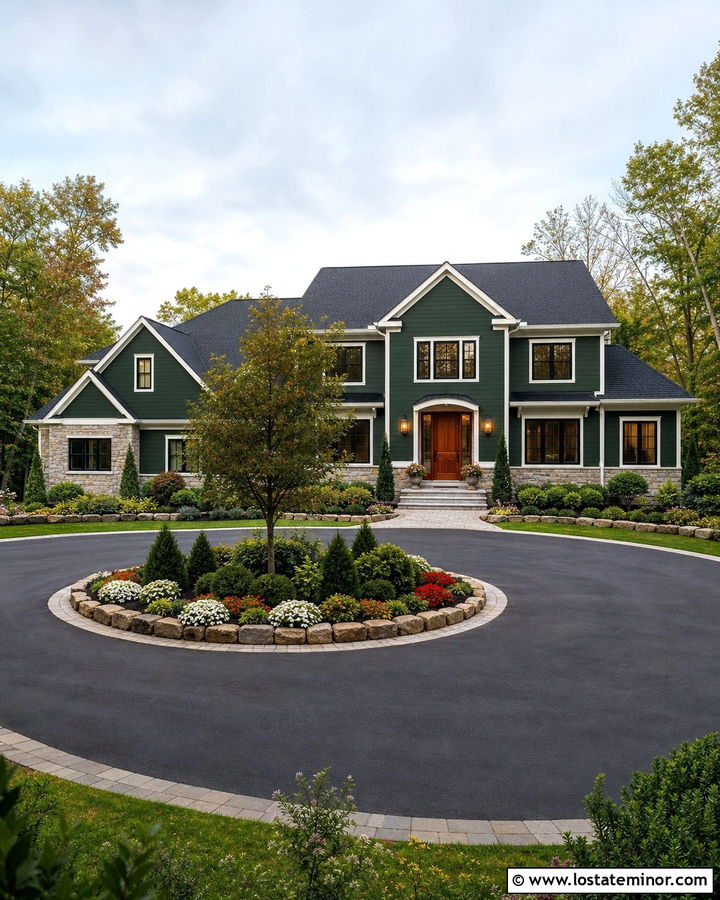 Forest Green Two Story House With Circular Driveway - 30 Forest Green House Design With Front Yard Ideas