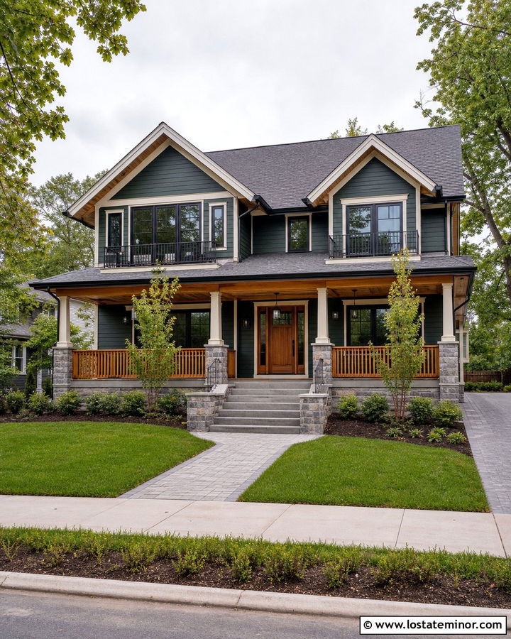 Forest Green Two Story House With Mixed Railings - 30 Forest Green House Design With Railings Ideas