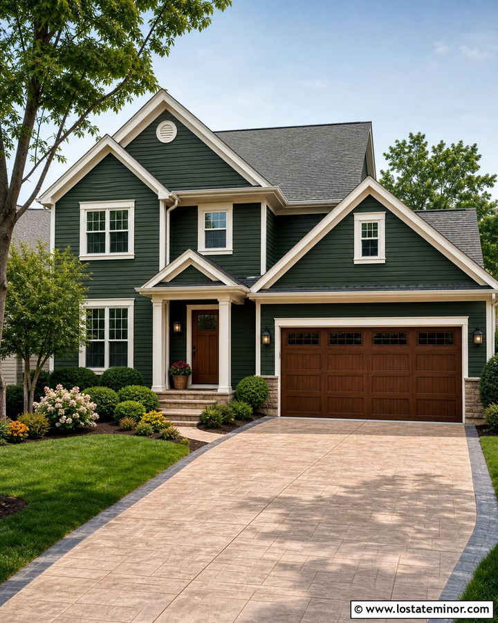 Forest Green Two Story House With Stamped Concrete Driveway - 30 Forest Green House Design With Driveway Ideas