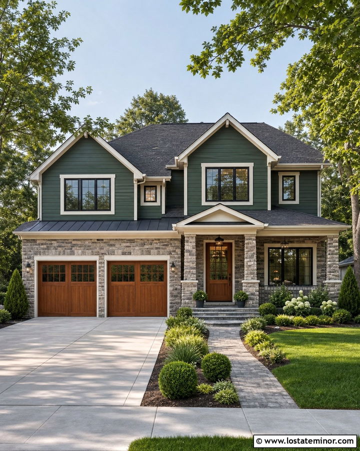Forest Green Two Story House With Stone Garage - 30 Forest Green House Design With Stone Accents Ideas