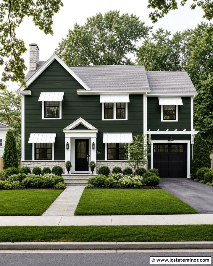 Forest Green Two Story House With White Metal Awnings - 30 Forest Green House Design With Awning Ideas