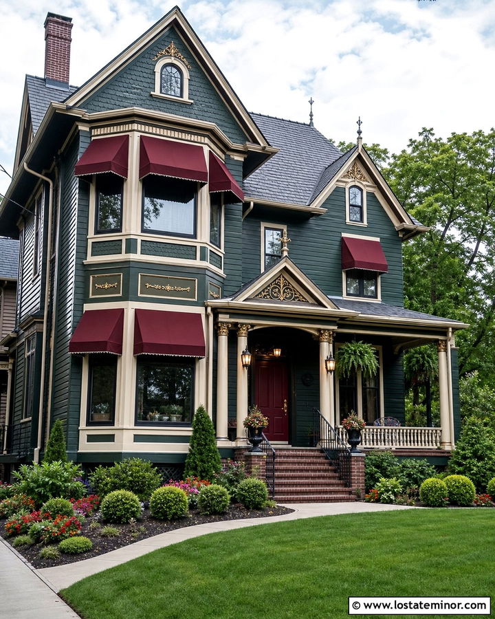 Forest Green Victorian House With Burgundy Awnings - 30 Forest Green House Design With Awning Ideas