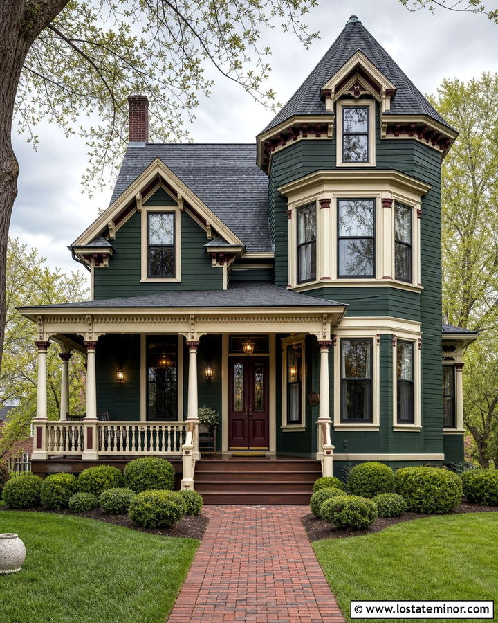 Forest Green Victorian House With Burgundy Porch Accents - 30 Forest Green House Design With Front Porch Ideas