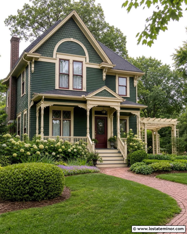 Forest Green Victorian House With Cream Pergola - 30 Forest Green House Design With Pergola Ideas