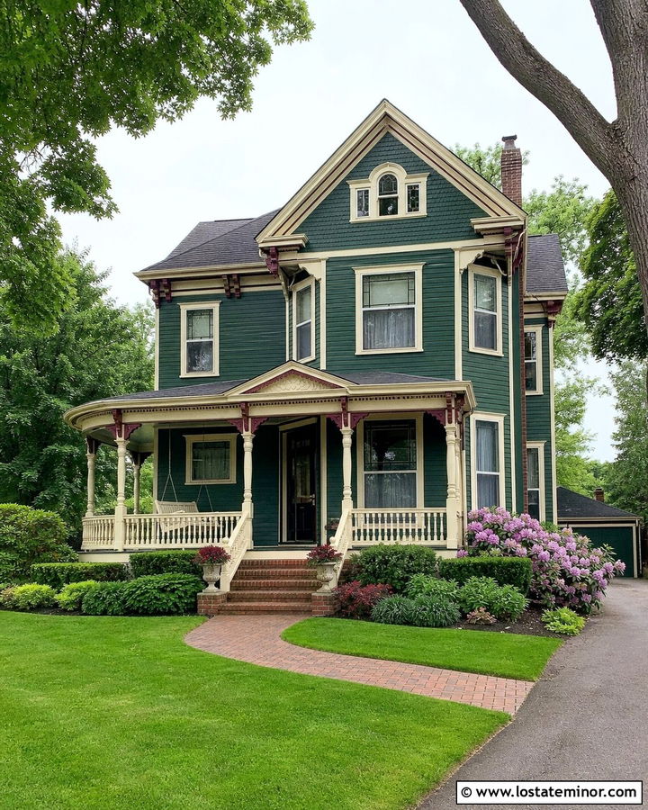 Forest Green Victorian House With Cream Swing - 30 Forest Green House Design With Swing Ideas