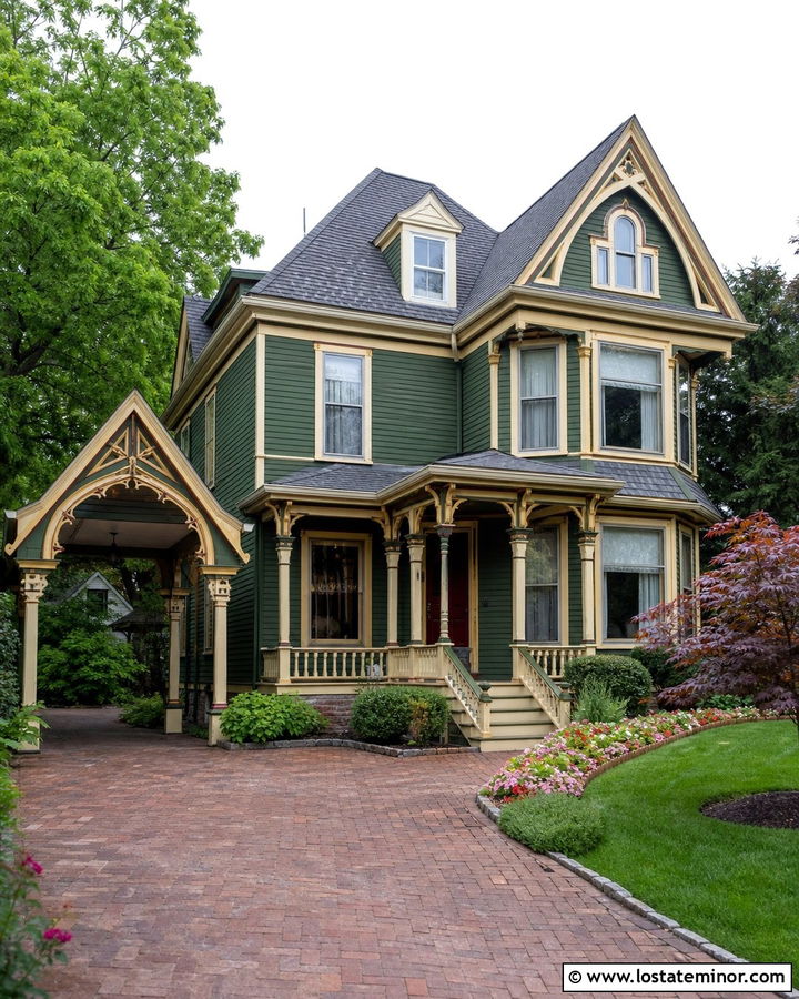 Forest Green Victorian House With Decorative Carport - 30 Forest Green House Design With Carport Ideas