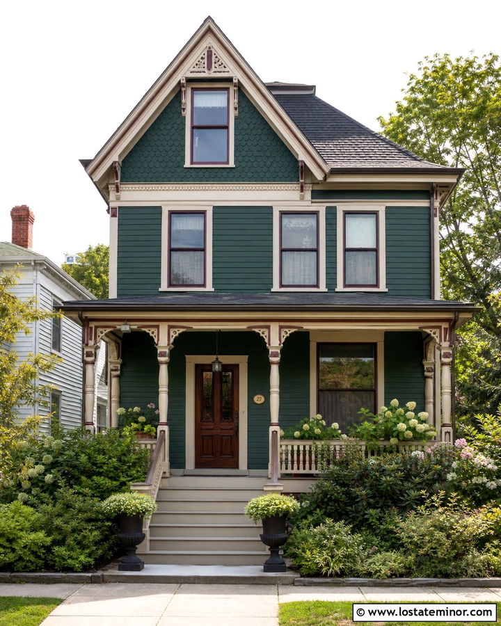 Forest Green Victorian House With Painted Wood Steps - 30 Forest Green House Design With Steps Ideas