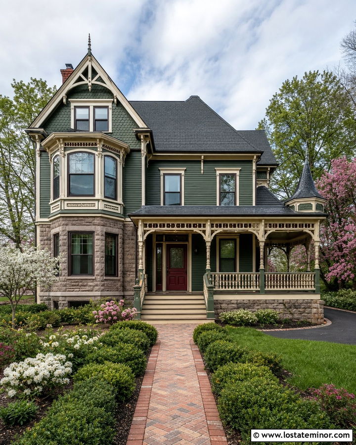 Forest Green Victorian House With Stone Foundation - 30 Forest Green House Design With Stone Accents Ideas