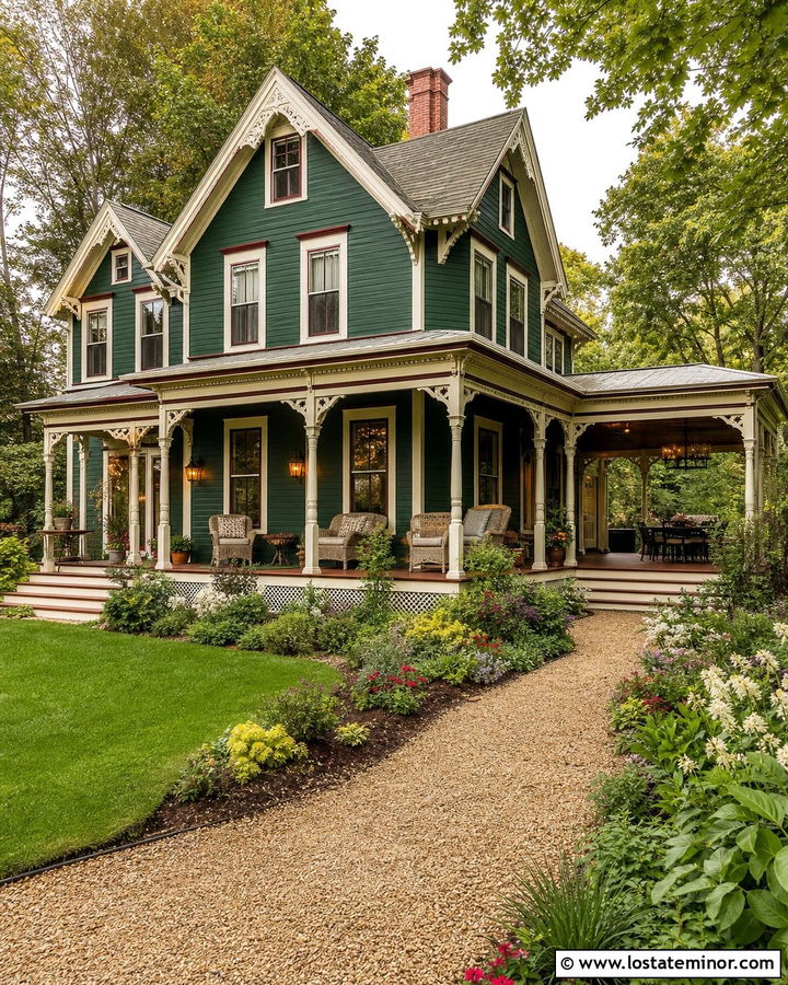 Forest Green Victorian House With Wraparound Porch - 30 Forest Green House Design With Backyard Ideas
