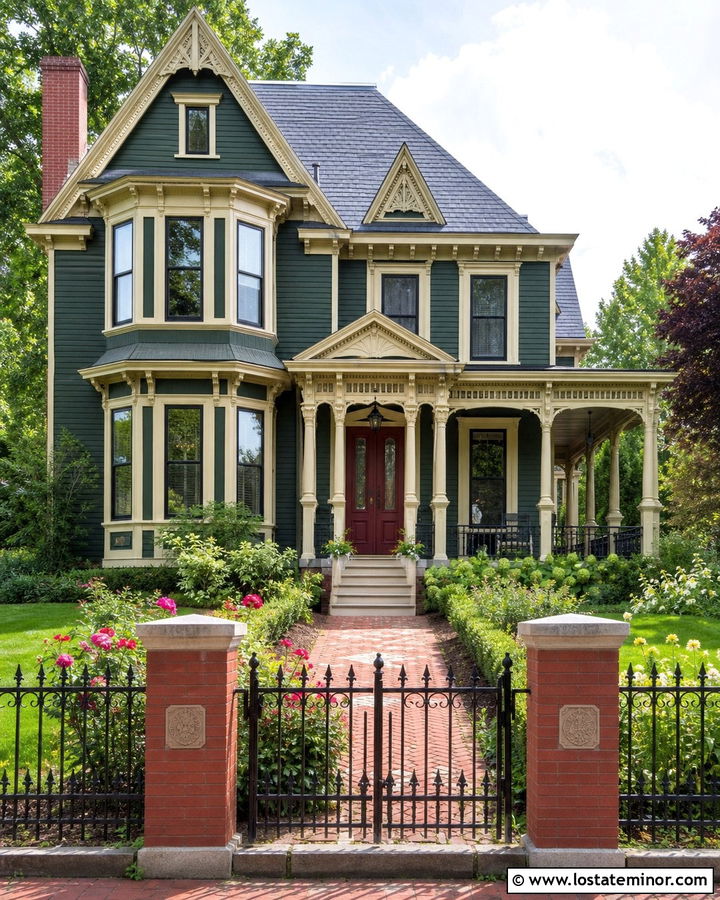 Forest Green Victorian House With Wrought Iron Fence - 30 Forest Green House Design With Fence Ideas