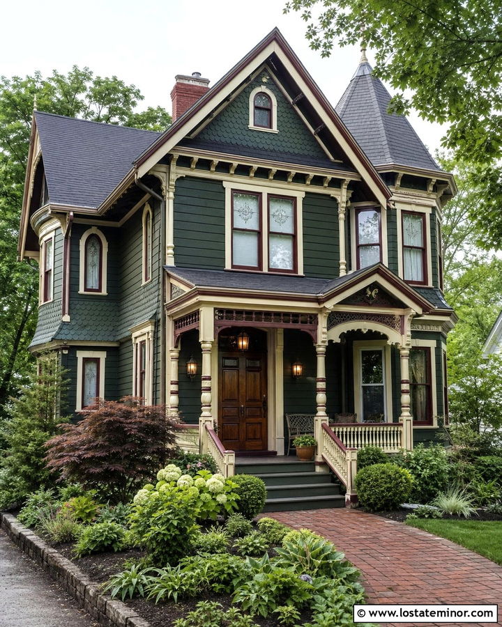 Forest Green Victorian With Antique Brass Lanterns - 30 Forest Green House Design With Light Fixtures Ideas