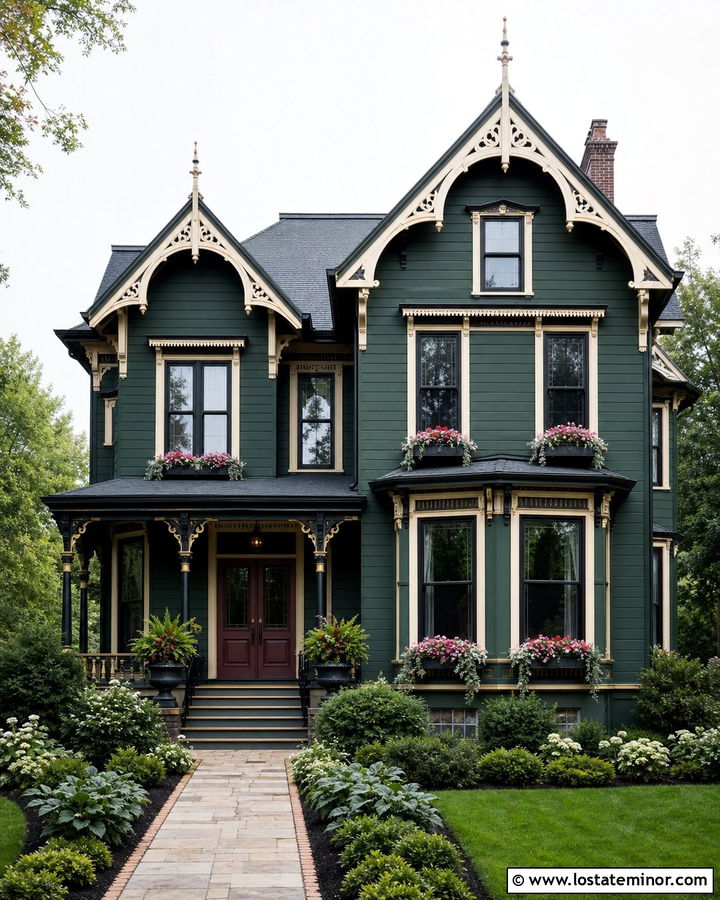 Forest Green Victorian With Black Window Boxes - 30 Forest Green House Design With Window Boxes Ideas