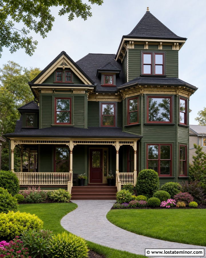 Forest Green Victorian With Burgundy Window Frames - 30 Forest Green House Design With Window Frames Ideas