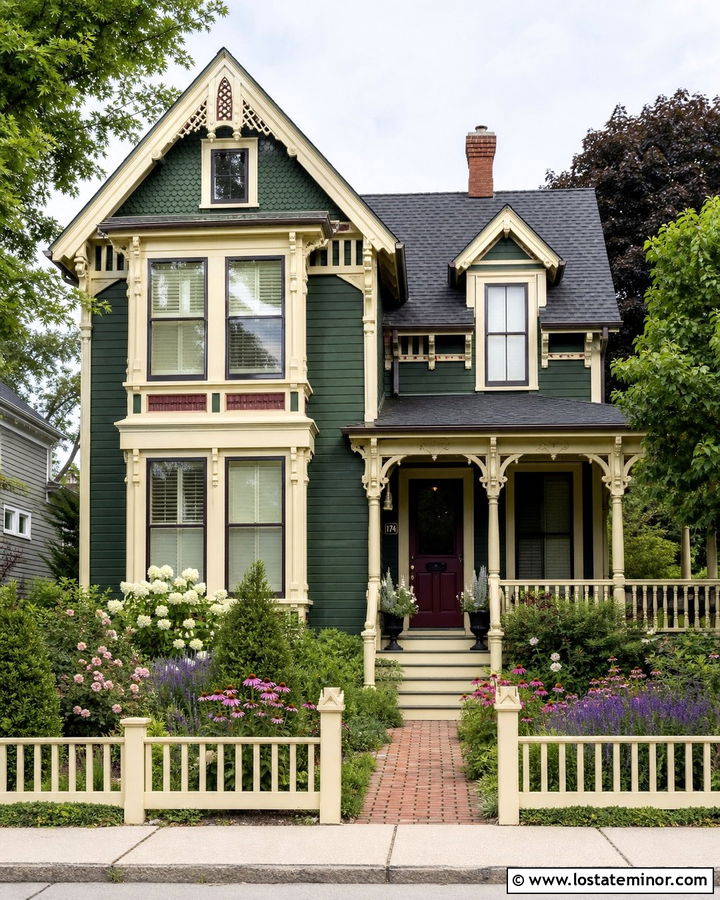 Forest Green Victorian With Cottage Garden - 30 Forest Green House Design With Front Yard Ideas
