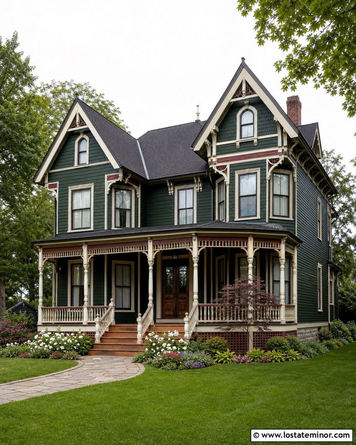 Forest Green Victorian With Decorative Porch Columns - 30 Forest Green House Design With Porch Columns Ideas