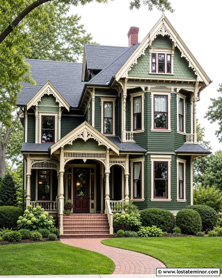 Forest Green Victorian With Decorative Portico - 30 Forest Green House Design With Portico Ideas