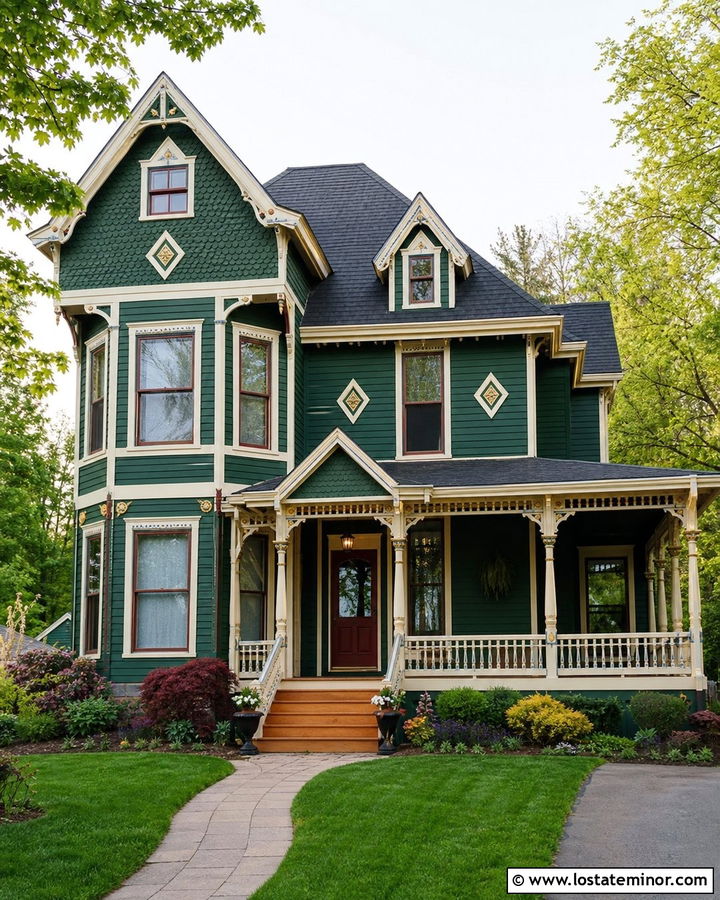 Forest Green Victorian With Decorative Shingles - 30 Forest Green House Design With Shingles Ideas