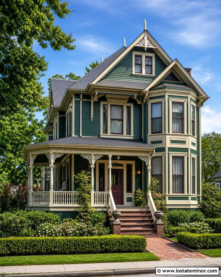 Forest Green Victorian With Decorative White Railings - 30 Forest Green House Design With Railings Ideas