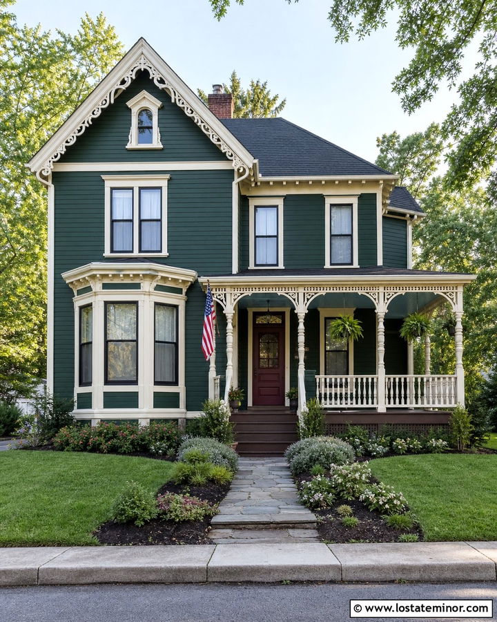 Forest Green Victorian With Dusty Blue Porch Ceiling - 30 Forest Green House Design With Porch Ceiling Ideas