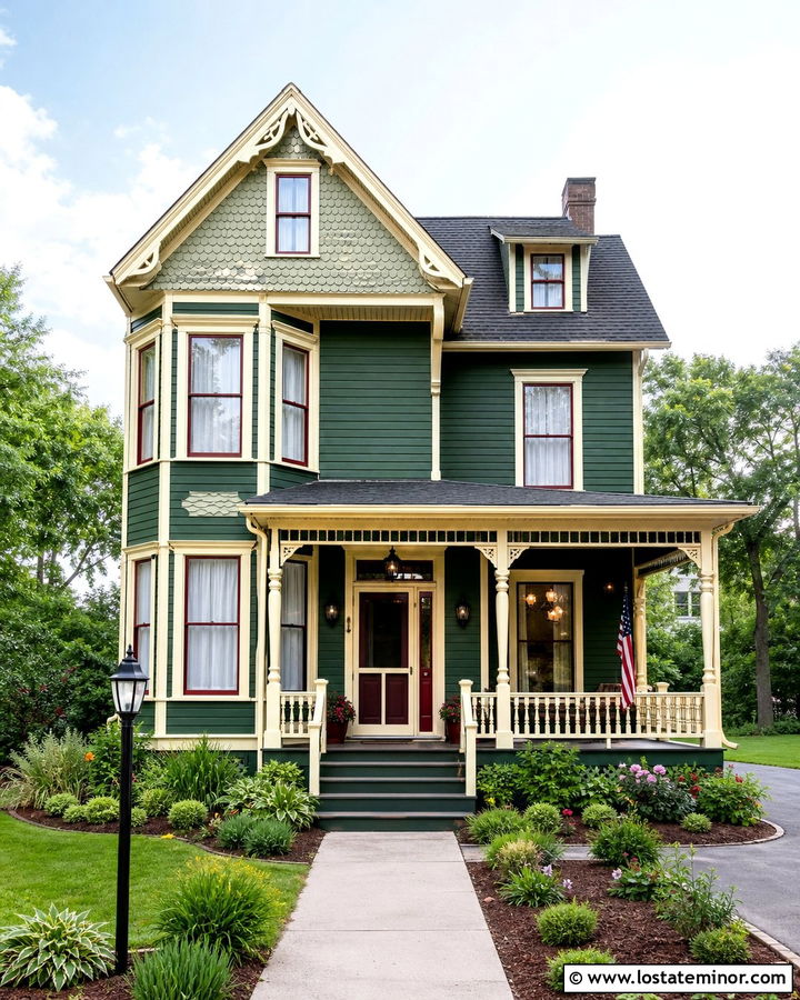 Forest Green Victorian With Full View Storm Door - 30 Forest Green House Design With Storm Door Ideas
