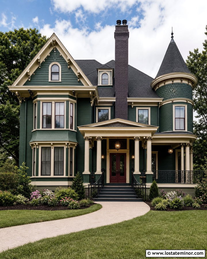Forest Green Victorian With Painted Brick Chimney - 30 Forest Green House Design With Chimney Ideas