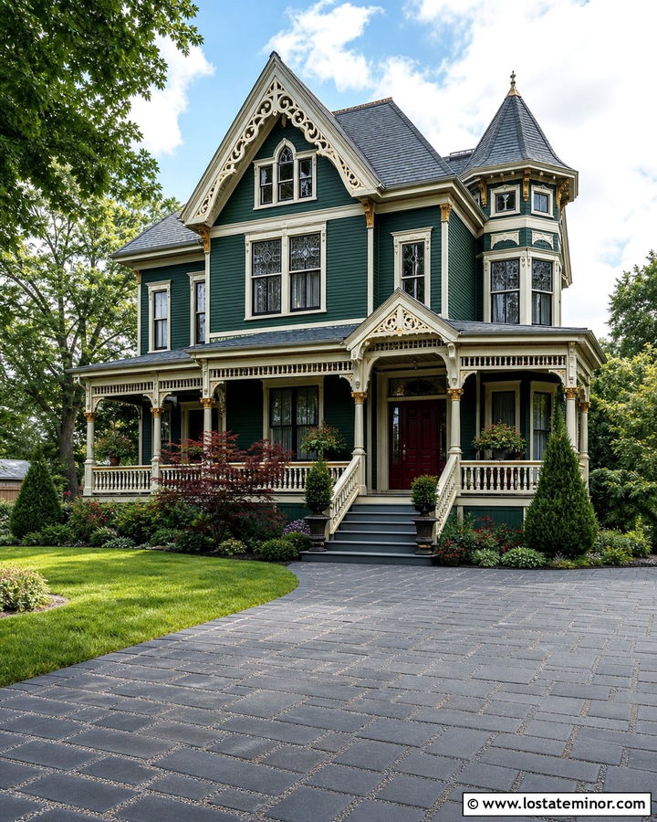 Forest Green Victorian With Permeable Paver Driveway - 30 Forest Green House Design With Driveway Ideas
