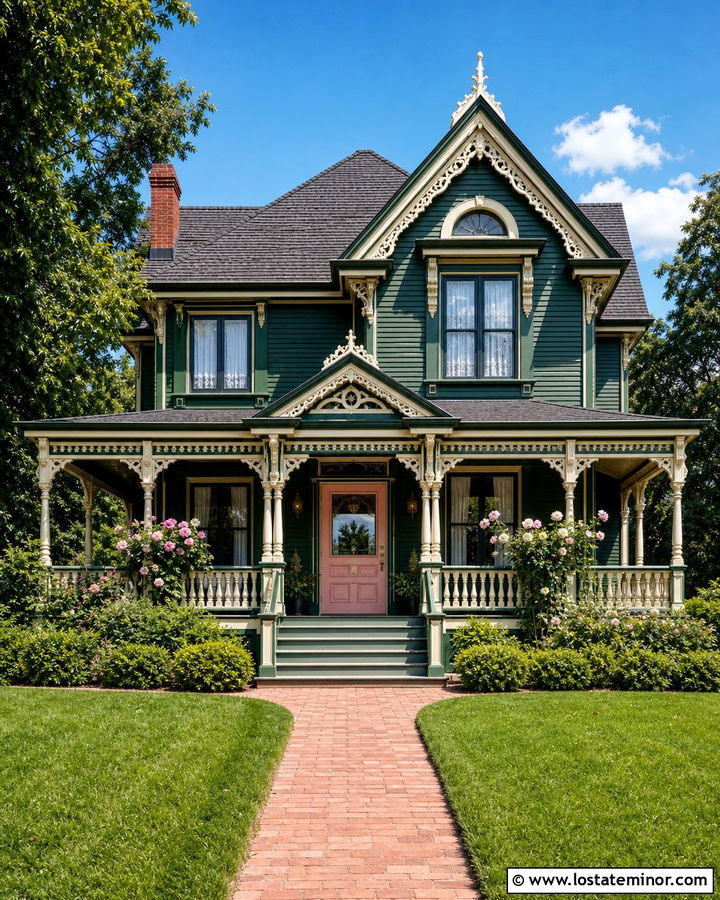 Forest Green Victorian With Pink Dutch Door - 30 Forest Green House Design With Dutch Door Ideas