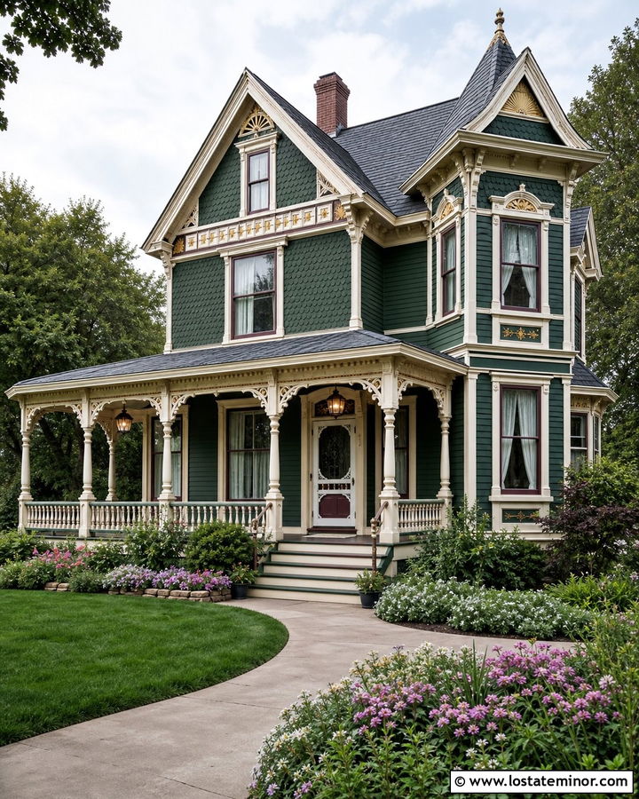 Forest Green Victorian With Scrollwork Screen Door - 30 Forest Green House Design With Screen Door Ideas