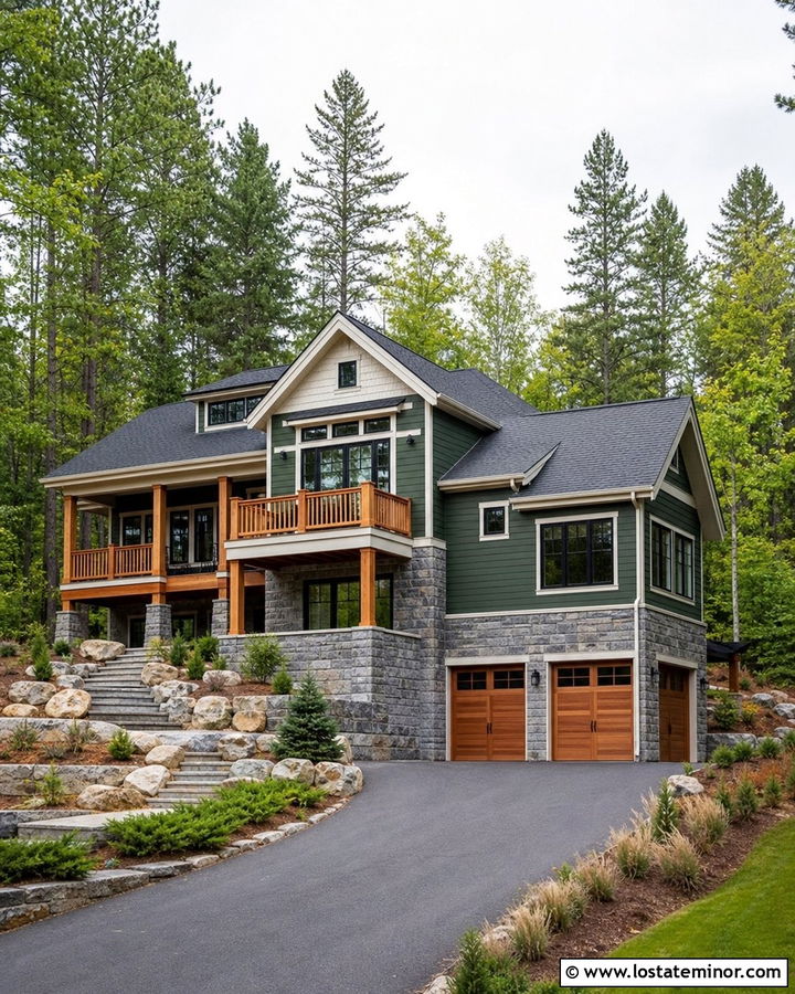 Forest Green Walkout House With Stone Lower Level - 30 Forest Green House Design With Stone Accents Ideas