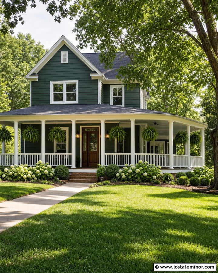 Forest Green Wraparound Porch With White Columns - 30 Forest Green House Design With Porch Columns Ideas