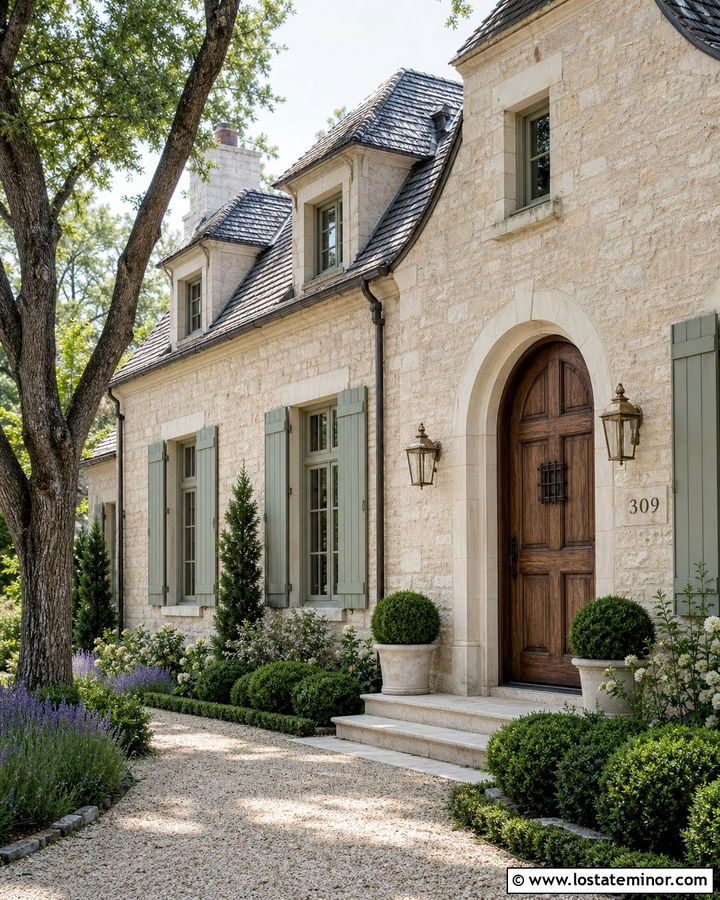 French Country Stone House With Aged Brass Numbers - 30 Stone House Design With House Numbers Ideas