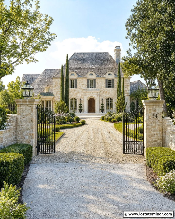 French Country Stone House With Arched Gate - 30 Stone House Design With Fence Ideas