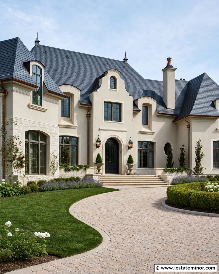 French Country Stone House With Black Arched Door - 30 Stone House Design With Front Door Ideas