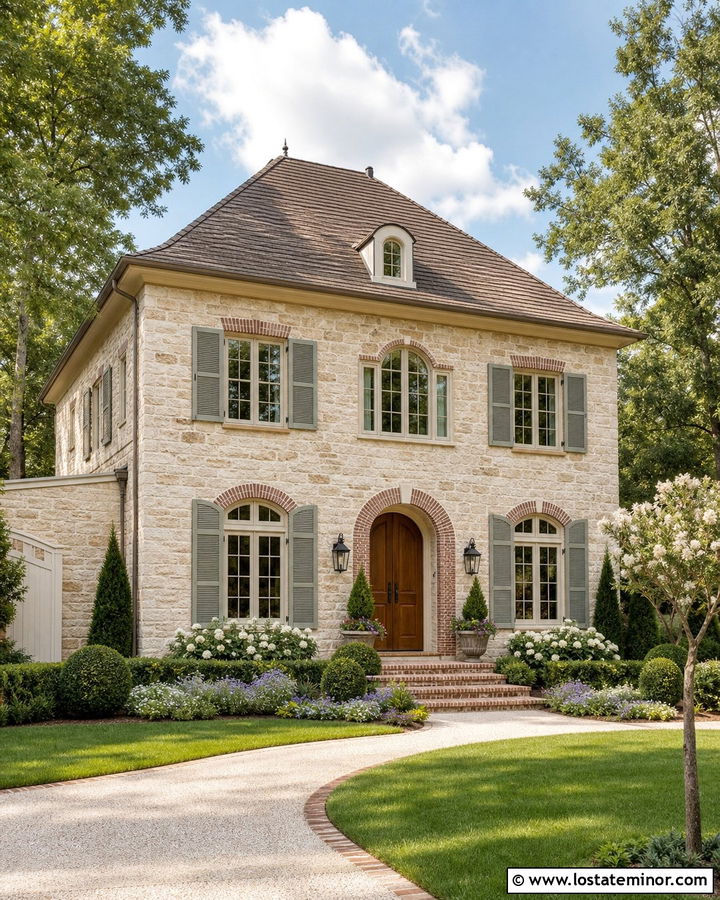 French Country Stone House With Brick Arches - 30 Stone House Design With Brick Accents Ideas