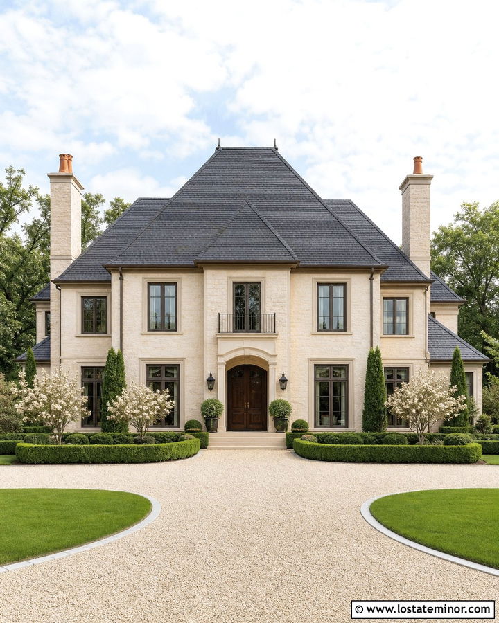 French Country Stone House With Double Chimneys - 30 Stone House Design With Chimney Ideas