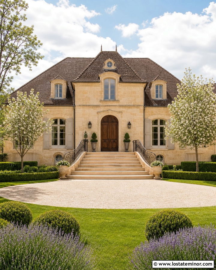 French Country Stone House With Flared Steps - 30 Stone House Design With Steps Ideas