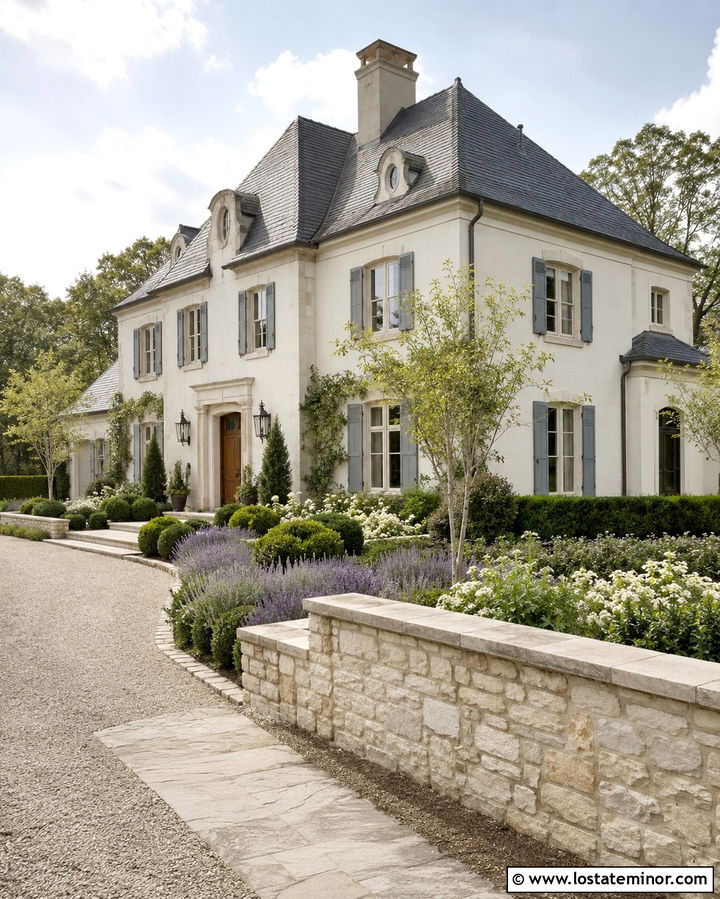 French Country Stone House With Lavender Beds - 30 Stone House Design With Front Yard Ideas
