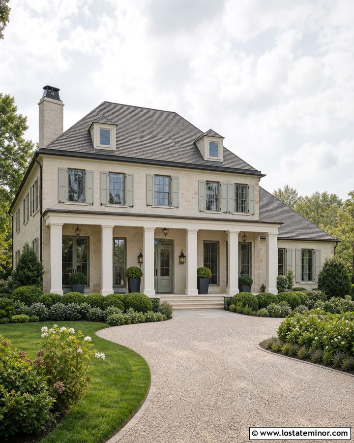 French Country Stone House With Square Porch Columns - 30 Stone House Design With Porch Columns Ideas