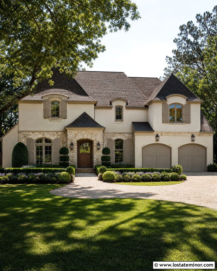 French Country Stone House With Taupe Trim - 30 Stone House Design With Trim Ideas