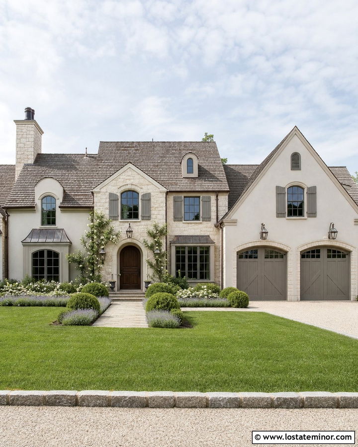 French Country Stone House With Wall Lanterns - 30 Stone House Design With Light Fixtures Ideas