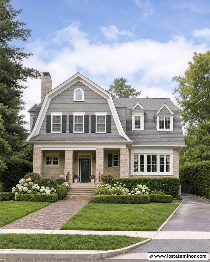 Gambrel Roof House With Stone And Shingles - 30 Stone House Design With Shingles Ideas