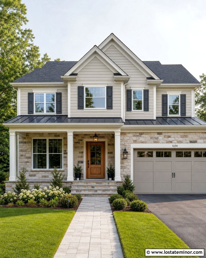 Gossamer Veil House With Mixed Stone Siding - 30 Greige House Design With Stone Accents Ideas