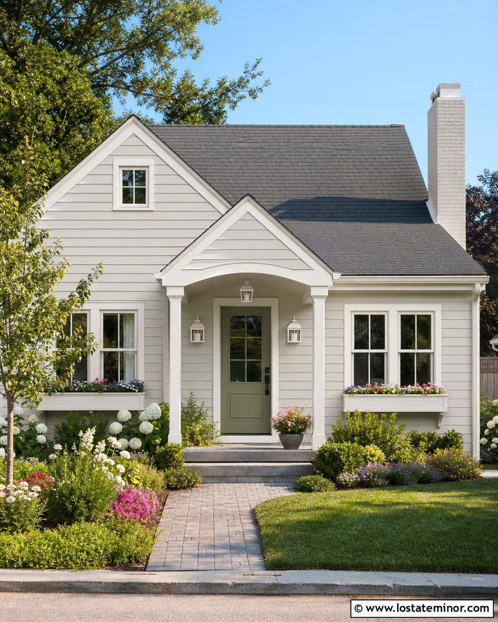 Gossamer Veil House With White Lanterns - 30 Greige House Design With Light Fixtures Ideas